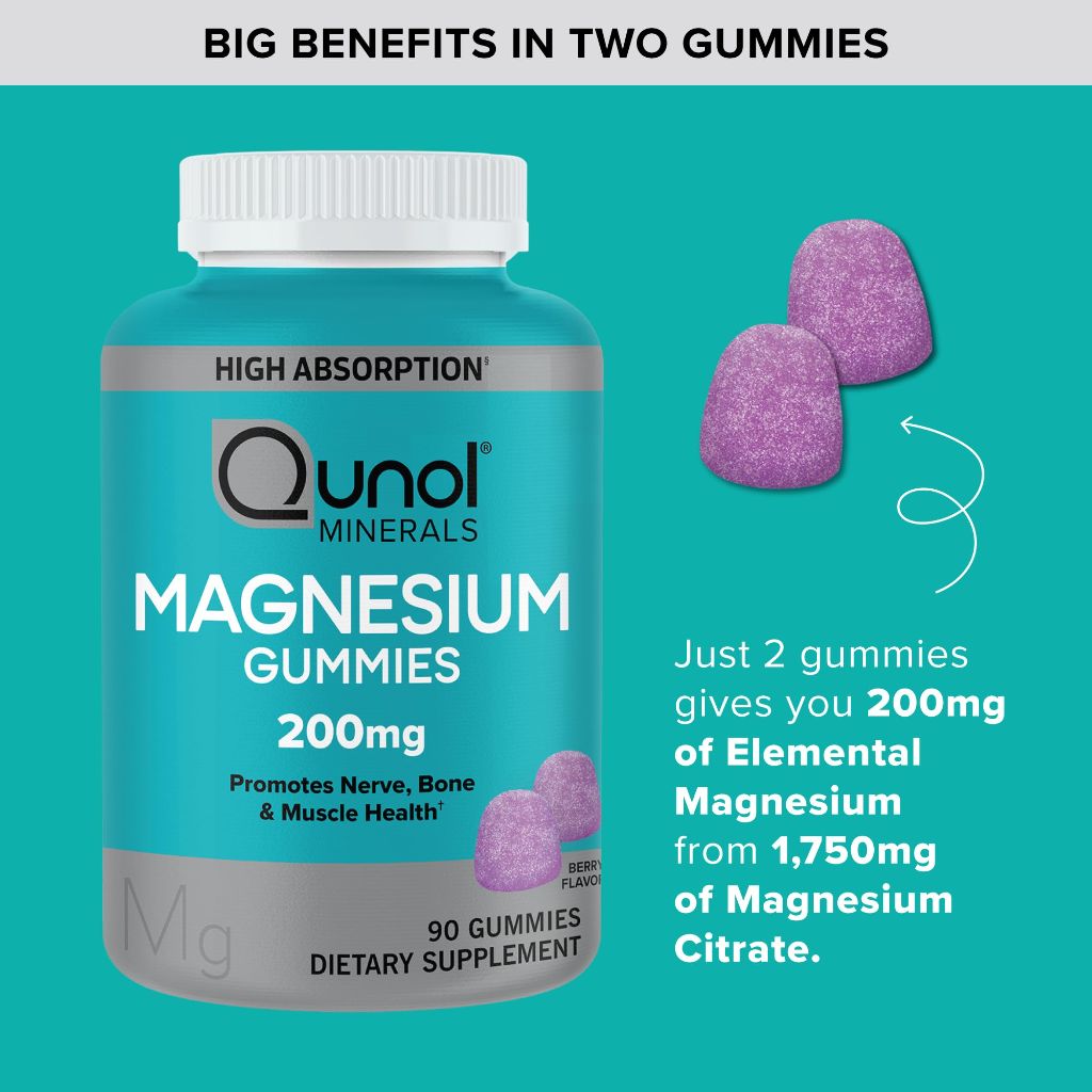 Qunol Magnesium Gummies for Adults, 200mg Elemental Magnesium (from 1,750mg Magnesium Citrate) 120 Count