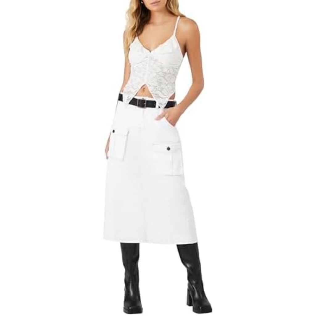 Forever 21 Women's Belted Twill Midi Skirt - White, Size XS