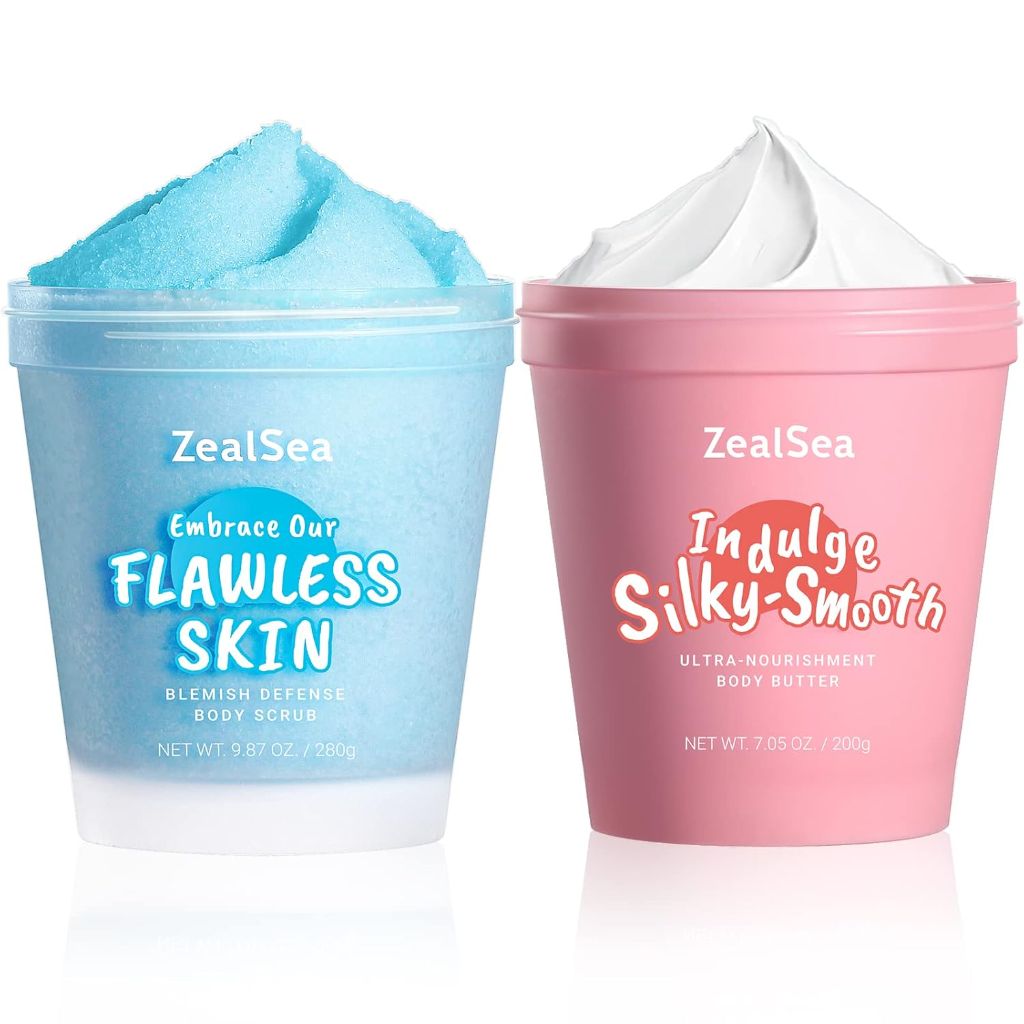 ZealSea Body Scrub & Body Butter Set: Dead Sea Salt Exfoliating Natural Body Scrub 9.88 Oz and Coconut Shea Body Butter 7.05 Oz