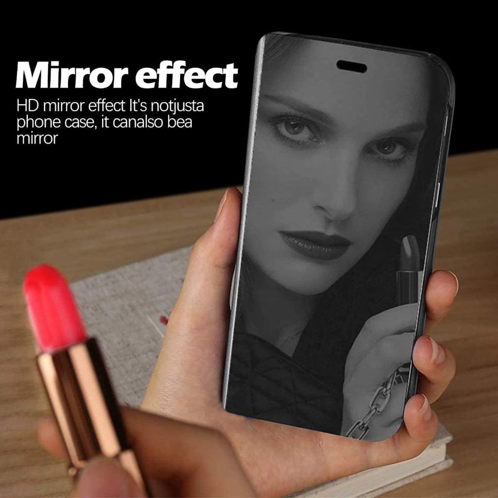 Galaxy S25 Case with Kickstand, PU Leather Clear View Mirror Flip Cover (Black)