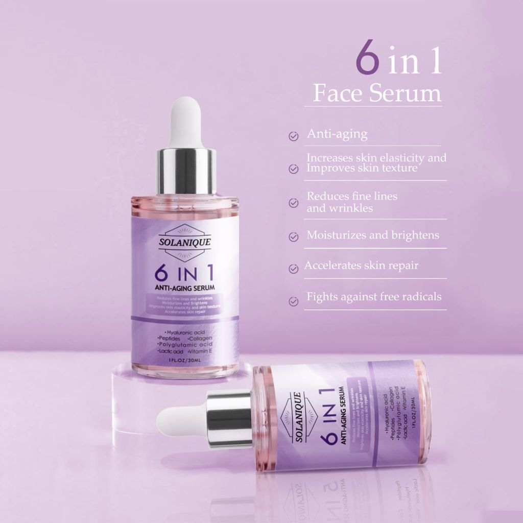 Solanique 6 in 1 Anti-Aging Face Serum with Hyaluronic Acid, Peptides, Collagen, Vitamin E 1oz