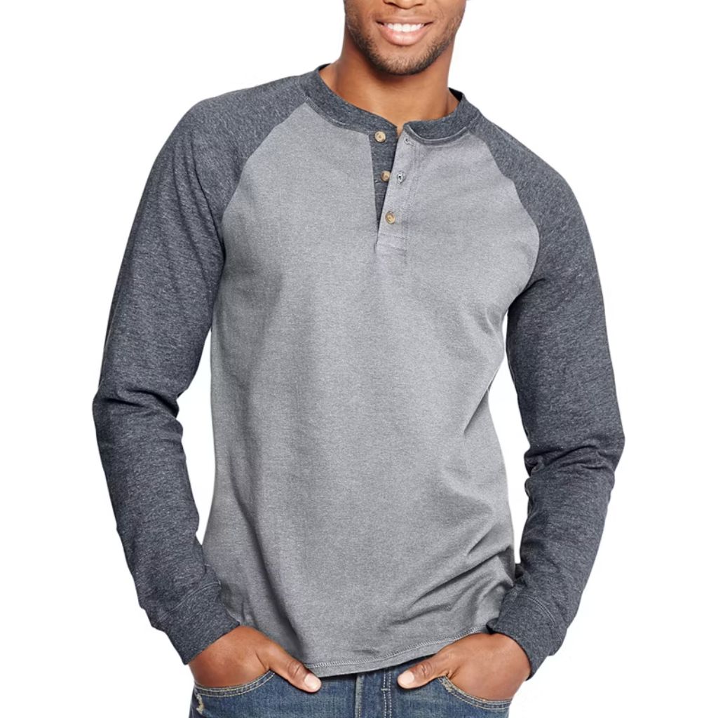 Hanes Beefy-T Men's Colorblock Long Sleeve Henley Shirt - Oxford Gray/Slate Heather, Size Small