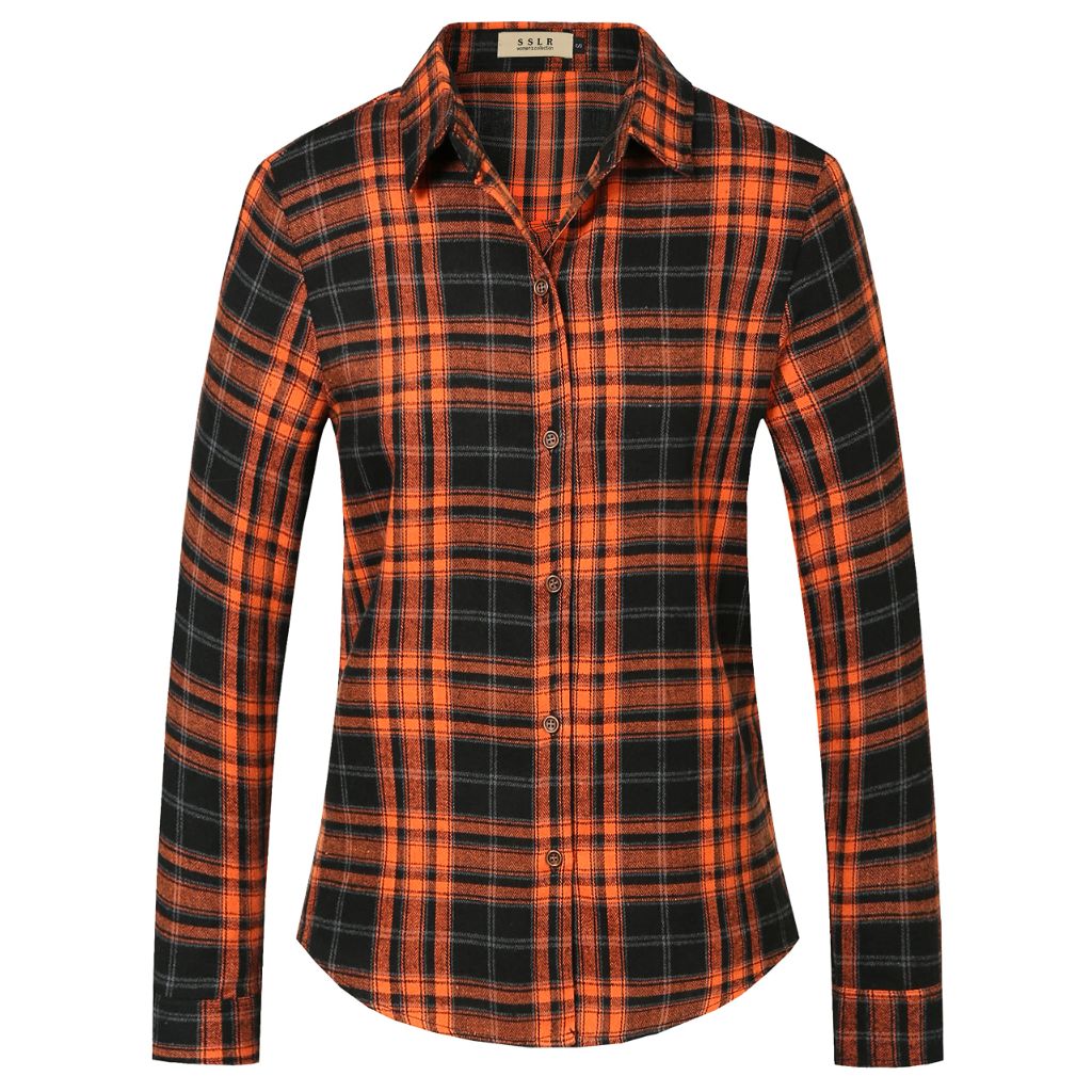 SSLR Women's Long Sleeve Button Down Flannel Shirt - Orange/Black, 3XL
