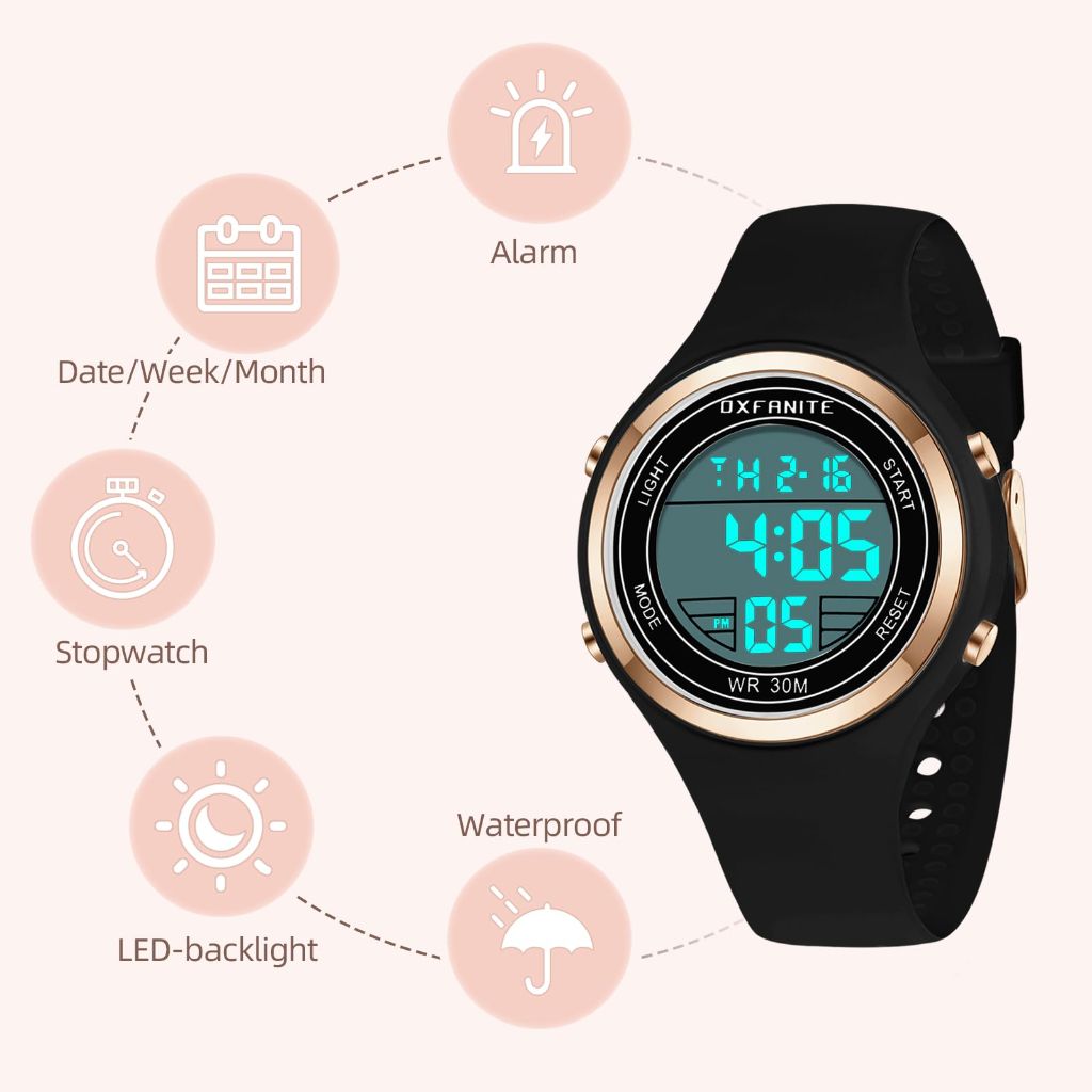Dayllon Women's Waterproof Digital Sports Watch with Silicone Band - Black
