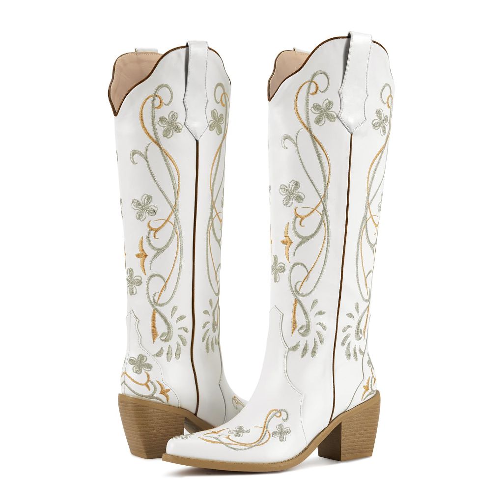SZ 6, Wetkiss Knee High White Cowgirl Western Cowboy Boots for Women with Floral Embroidered