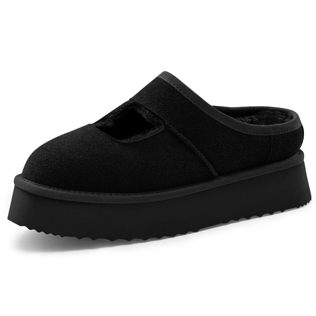 Vilanva Black Platform Slippers for Women Cozy Fur Lined Slip on Mary Jane Winter Shoes Warm Comfy House Slippers for Indoor Outdoor Size 7.5