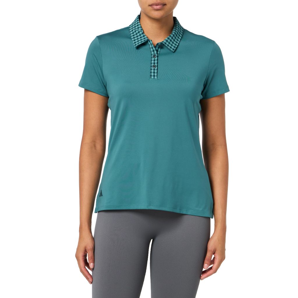 SZ L, Adidas Women's ULTIMATE365 Gingham Short Sleeve Polo Shirt, preloved Teal