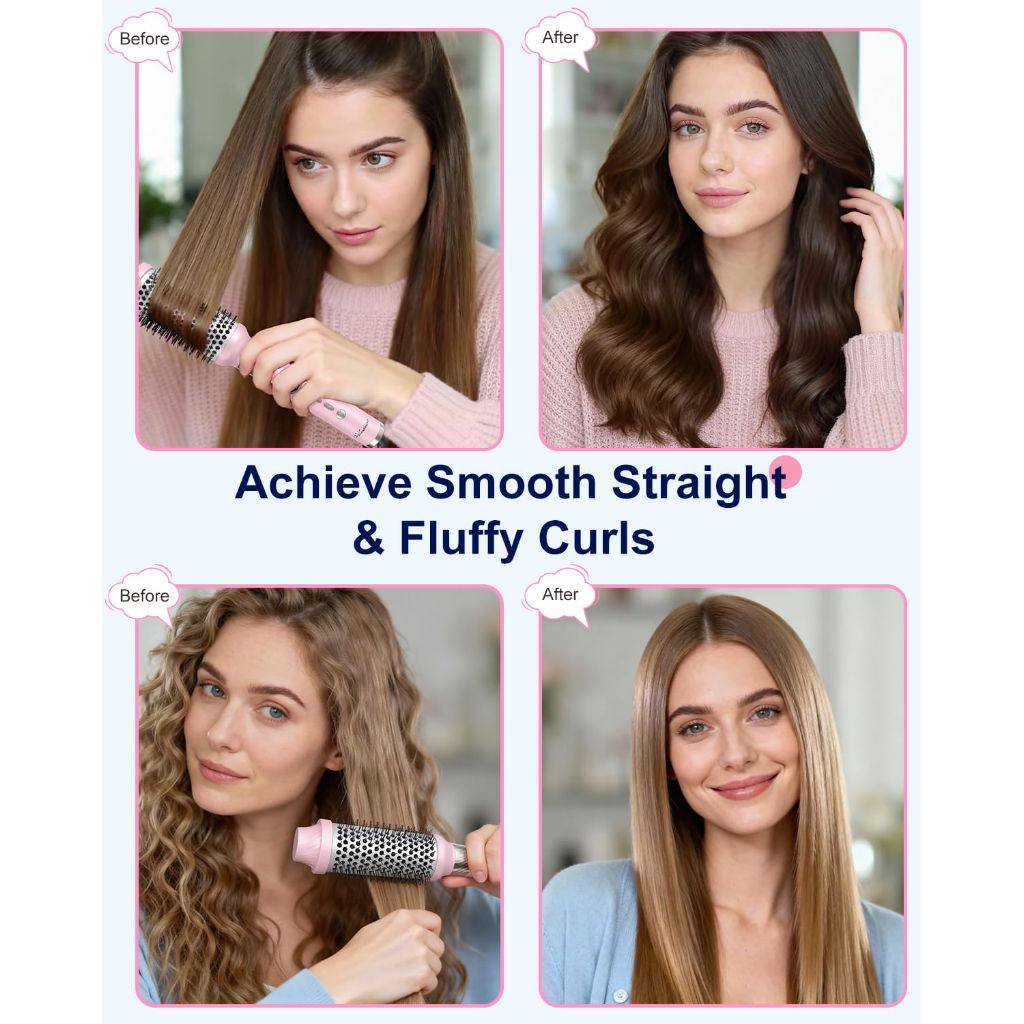 Thermal Brush Curling Brush - Heated Round Brush 1.5 Inch Detachable Head with 2 Hair Clips & 2 Conversion Plug