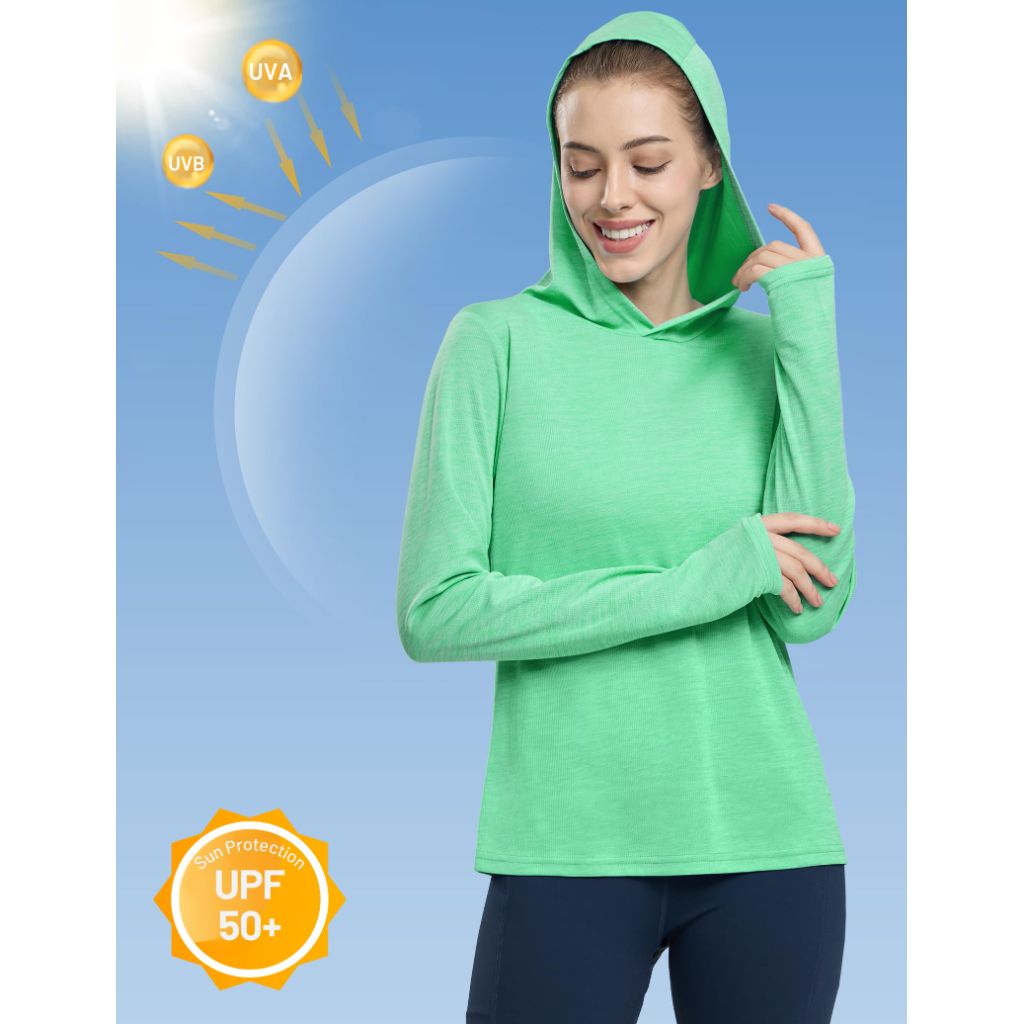 MIER Women's Long Sleeve Fishing Shirt with Hood, Heather Light Green, Size L