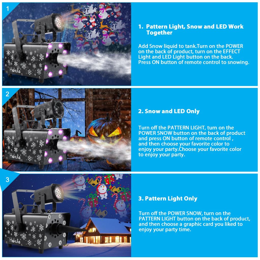 Hakuta Upgraded 800W Snow Machine with 8 LED RGB Lights, LED Projection, and 2 Wireless Remotes