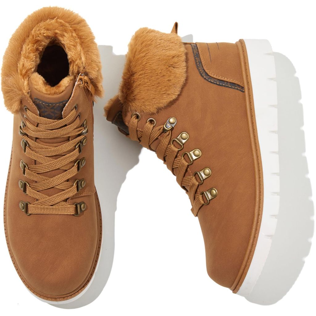 POVOGER Women’s Black Combat Boots Warm Fur Lined, Camel - size 9