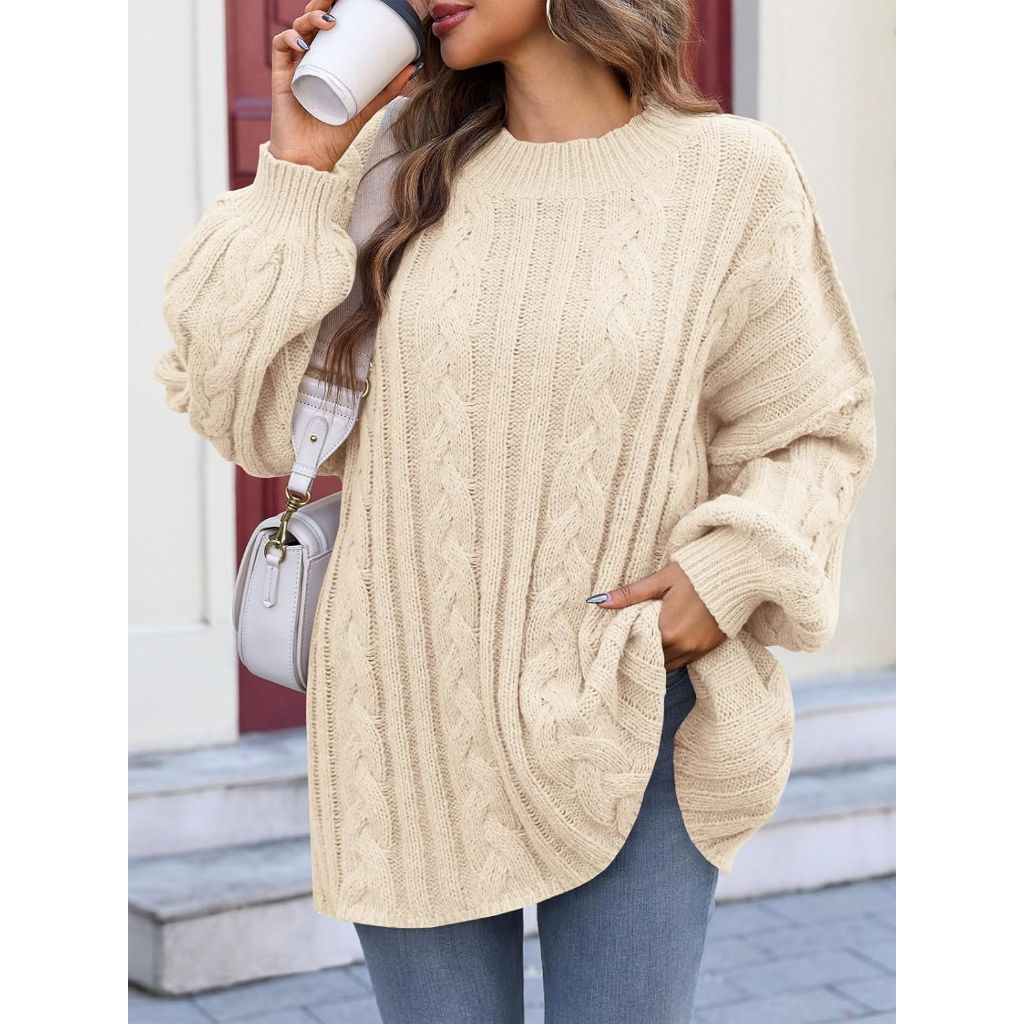 Saodimallsu Womens Oversized Sweaters Chunky Cable Knit Crew Neck Casual Long Lantern Sleeve Fall Tunic Sweater Tops