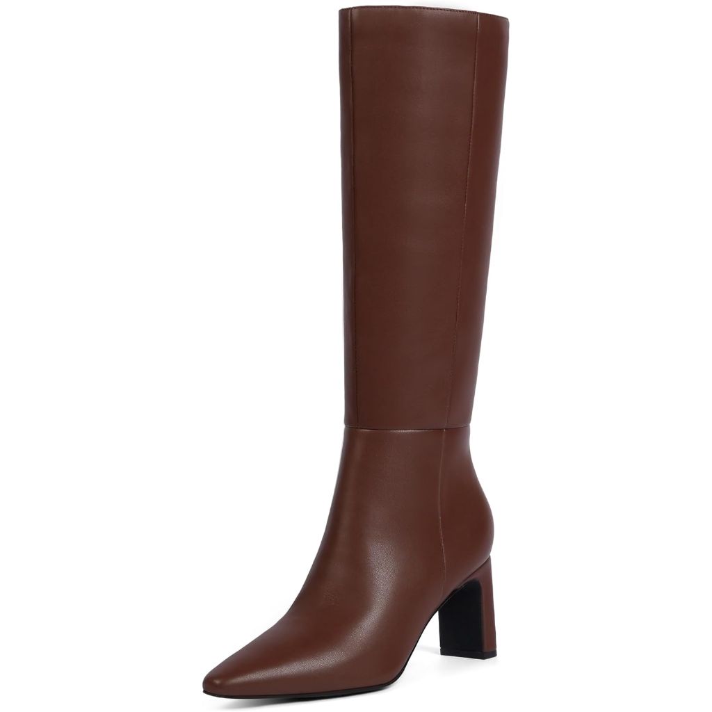 QIY Women's Knee High Block Heel Fall Boots - Brown Faux Leather, Size 8