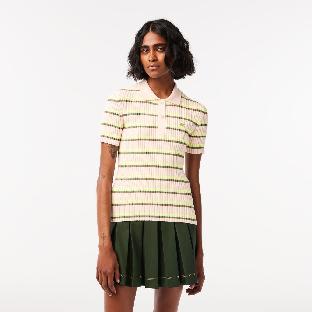 Lacoste Women's Knit Polo Shirt, Cream Multicolored, 44 (XL)