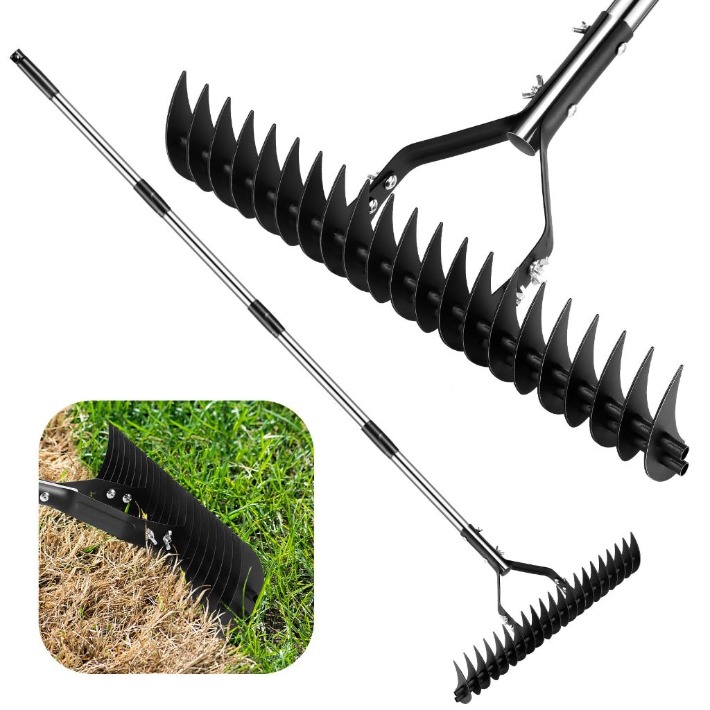 Thatch Rake for Lawns 21 Curved Steel Tines with 64'' Adjustable Metal Handle Handle Heavy Duty Dethatcher Rake for Garden Yard Farm Lawn Care Leveling Gathering Leaf Grass Removal (Black-1)