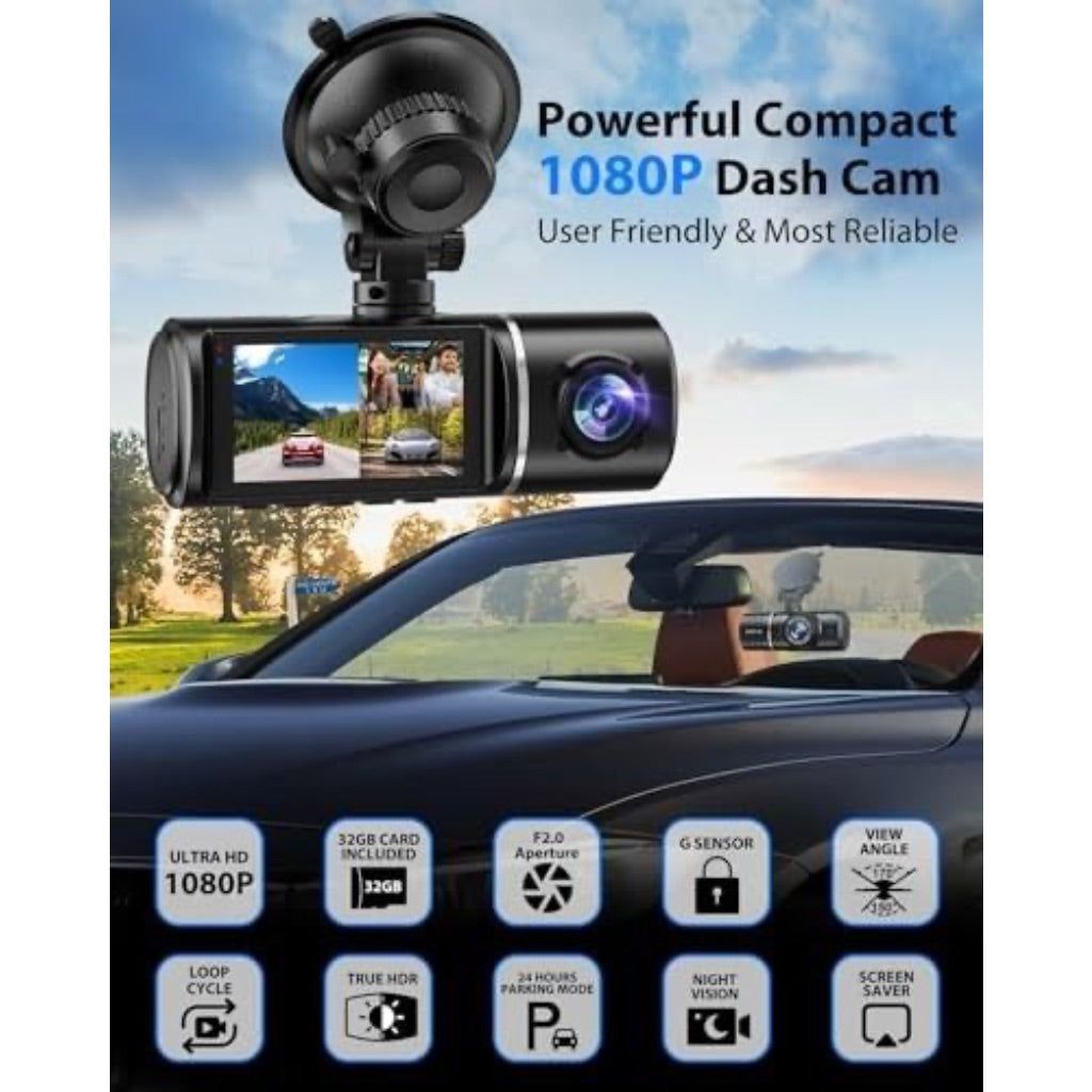 SUVCON 3 Channel Dash Cam, 1080P Front and Inside with 32GB Card, HDR, G-Sensor, 24Hr Parking