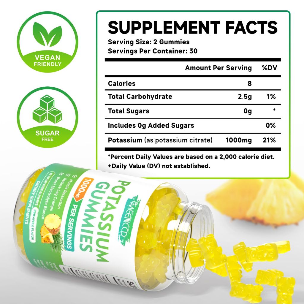 Potassium Citrate Gummies 1000mg, Sugar-Free, Pineapple Flavor, 60 Count