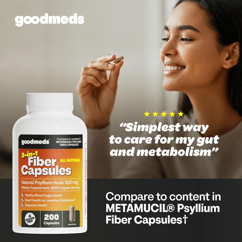 GoodMeds Psyllium Husk Fiber 520mg Capsules Supplement (200 Count)