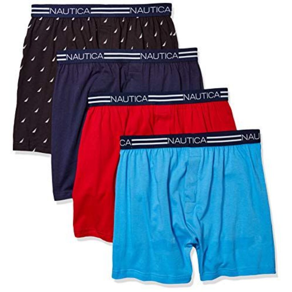 Nautica Men's Classic Cotton Loose Knit Boxers - Peacoat/Aeroblue/Nautred/Sail Black, Size Large (4 Pair)