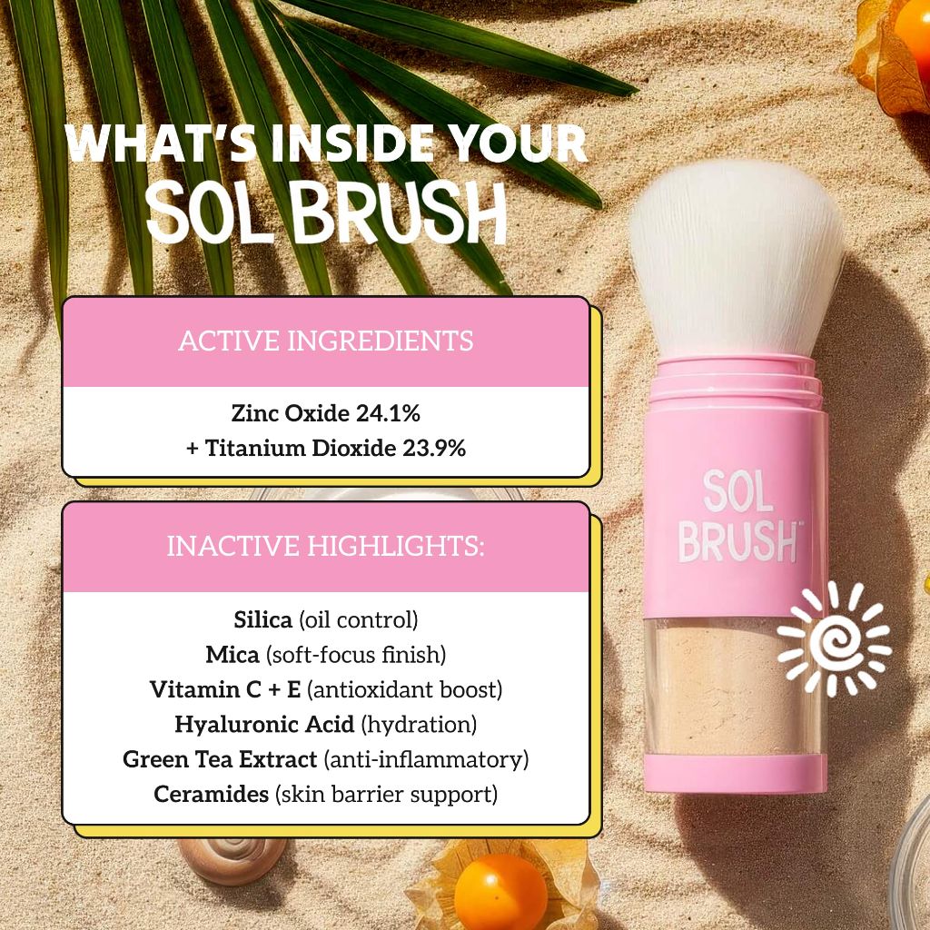 Sol Brush SPF 50 Mineral Sunscreen Powder, Broad Spectrum UVA/UVB Protection Sunscreen, Pink, Fair
