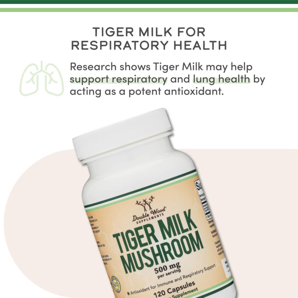 Double Wood Supplements Tigers Milk Mushroom Supplement (Lignosus Fungi) 500mg per Serving, 120 Capsules
