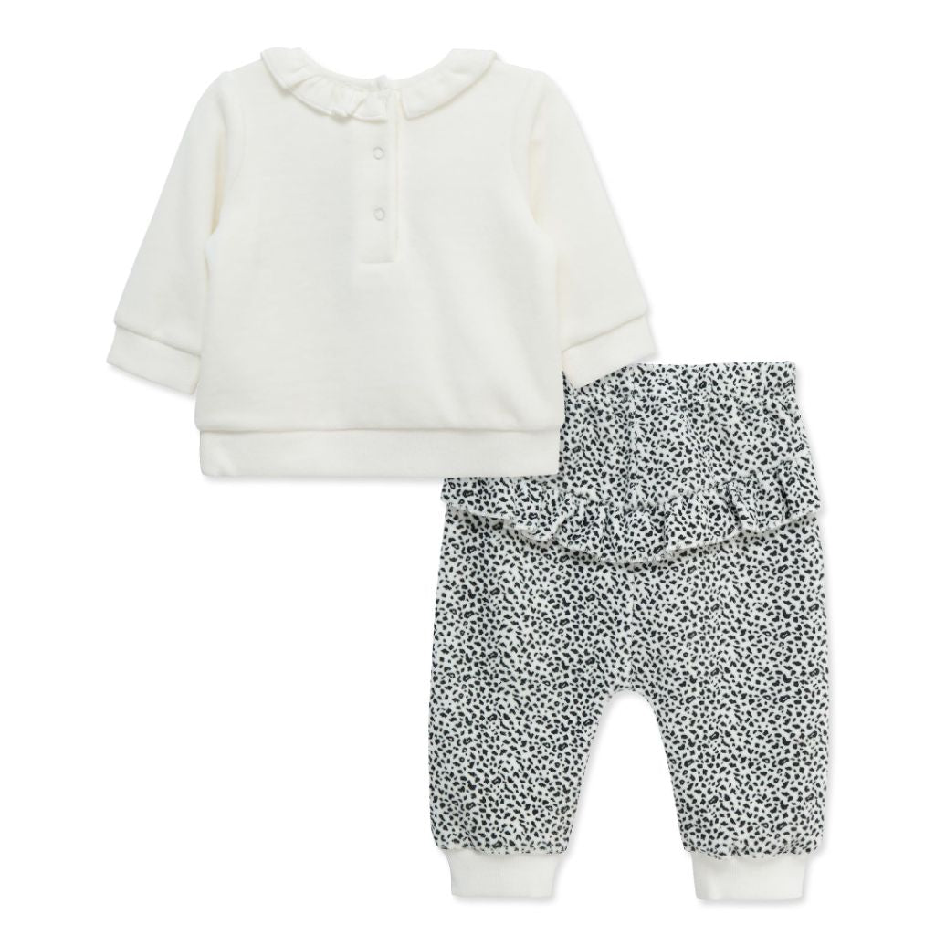 SZ 9MTHS Little Me Clothes for Baby Girls' Geo Bow 2-Piece Velour Scratch Free Tag Pant Set, White/Black