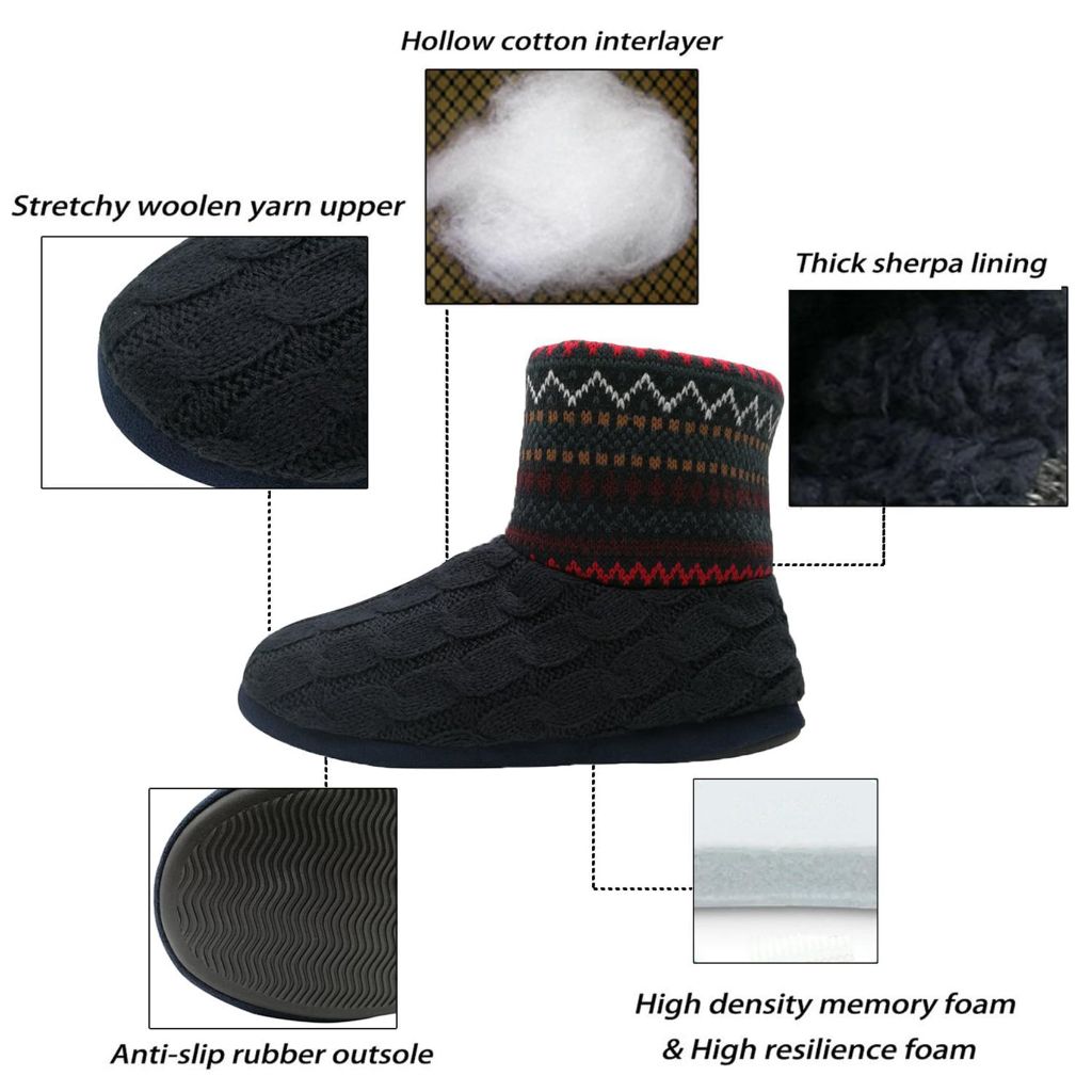 SZ 11, GPOS Knit Rock Faux Wool Warm Men Indoor Pull on Cozy Memory Foam Slipper Boots Soft Rubber Sole