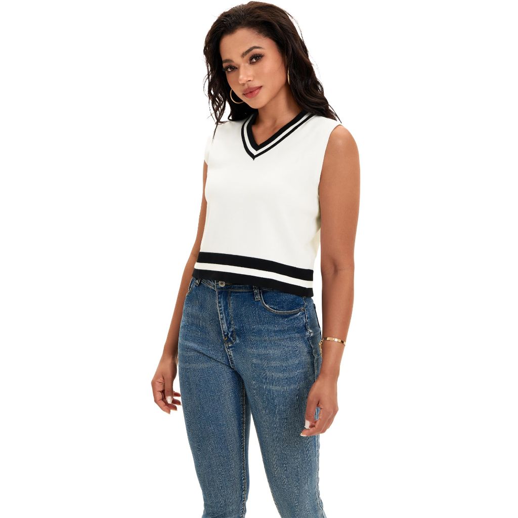 ONFERS Women's Cropped Sweater Vest V Neck Sleeveless Loose Fit Tank Tops Striped Knit, Large, White Black
