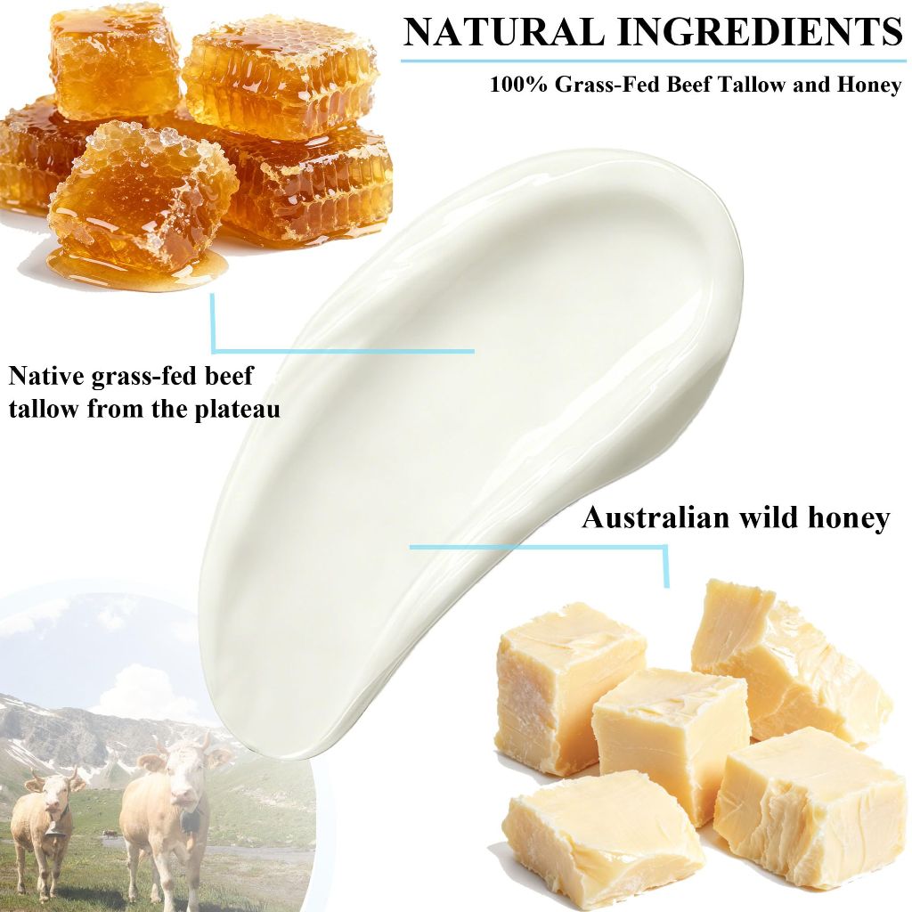 Tallow and Honey Balm - Deeply Moisturizing Beef Tallow for Face Body - 4.3OZ, Whipped beef honey cream