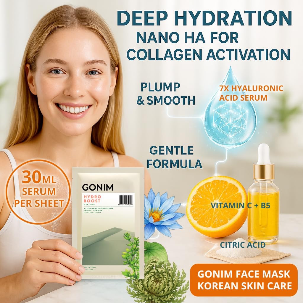 GONIM Hydro Boost Face Mask with Hyaluronic Acid Serum & Blue Lotus - 10ct.