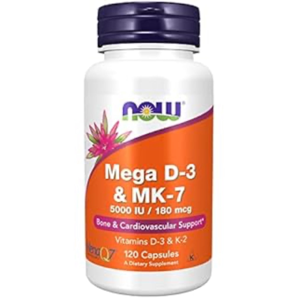 NOW Supplements  Mega D-3 & MK-7  5000 IU / 180 mcg  Bone & Cardiovascular Support*  Vitamins K-3 & K-2  120 Capsules