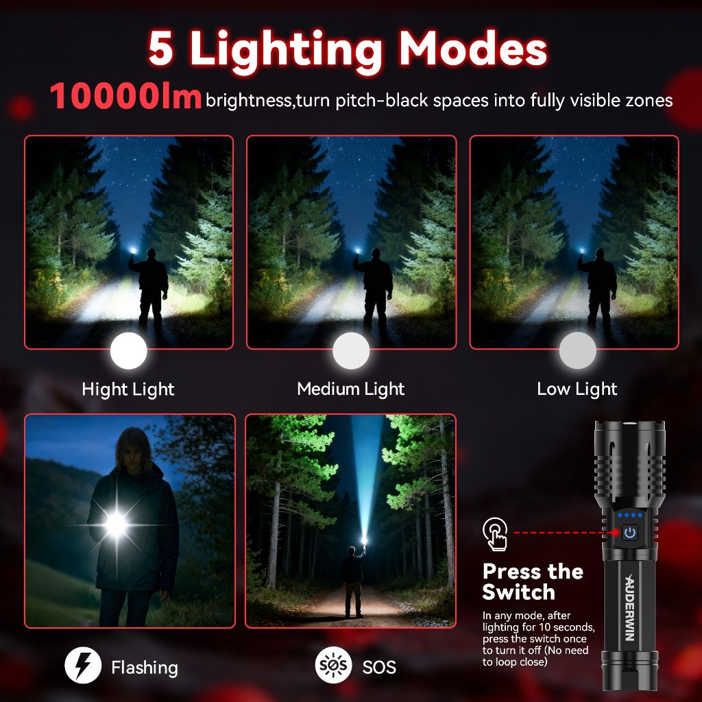 AUDERWIN G5 Rechargeable Flashlights 10000 High Lumens