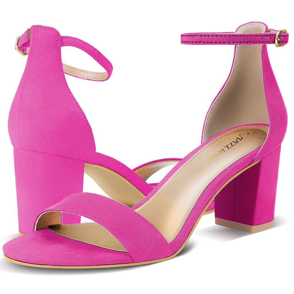 PIZZ ANNU Women's Open Toe Ankle Strap Block Heel Sandals, Hot Pink, Size 11