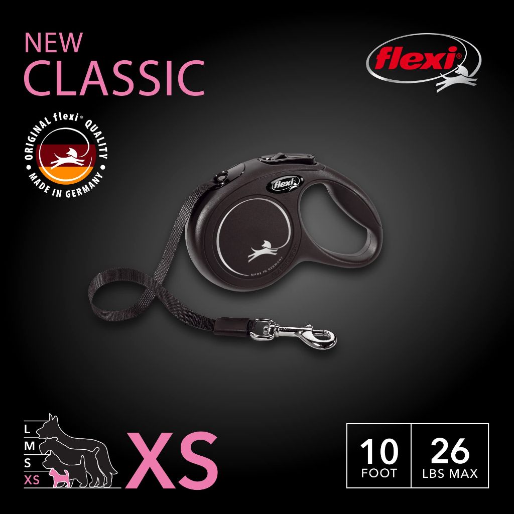 FLEXI New Classic X-Small Tape Retractable Dog Leash for Small Dogs Up to 26 lbs. – 10 ft, Black