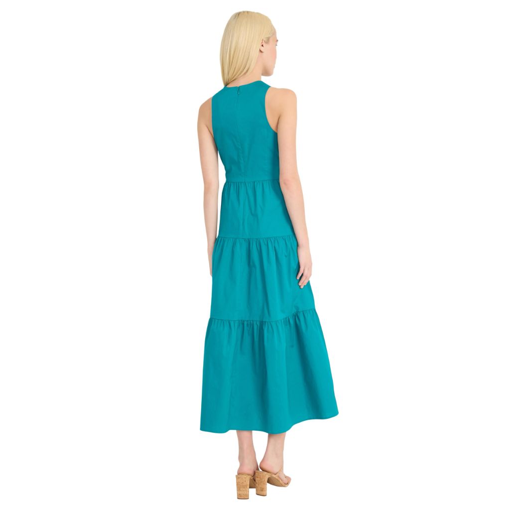 Donna Morgan Women's Halter Neck Tiered Midi Summer Empire Waist Maxi Dress, Blue Grass - 8