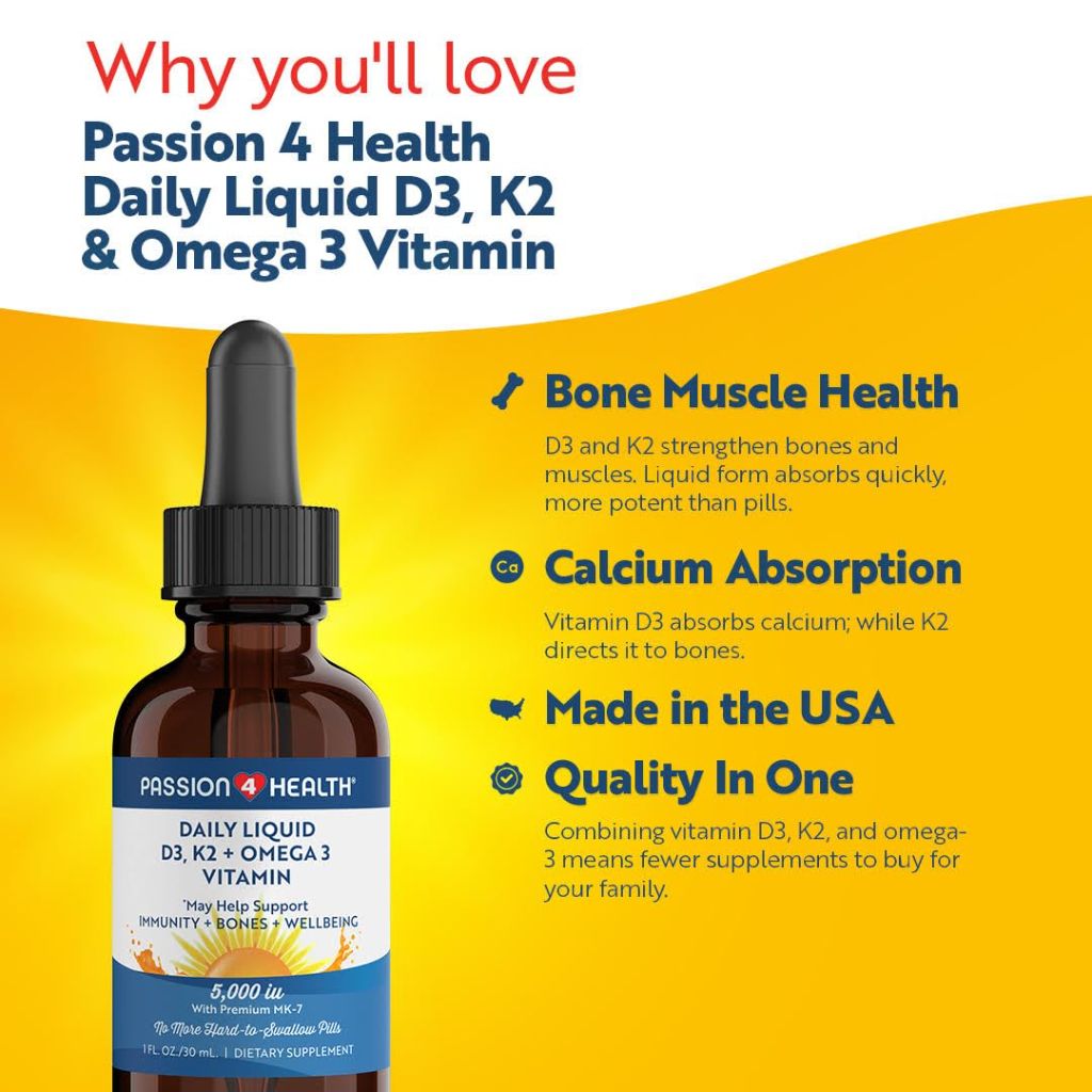 Passion 4 Health Organic Liquid Vitamin D3 K2 (Mk-7) + Omega 3 Supplement