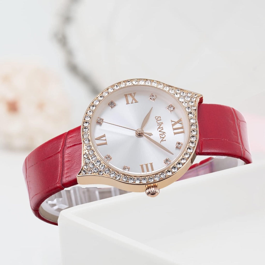 Sunveb Women's Bling Diamond Quartz Wrist Watch, Red Leather Strap, Rose Gold Case