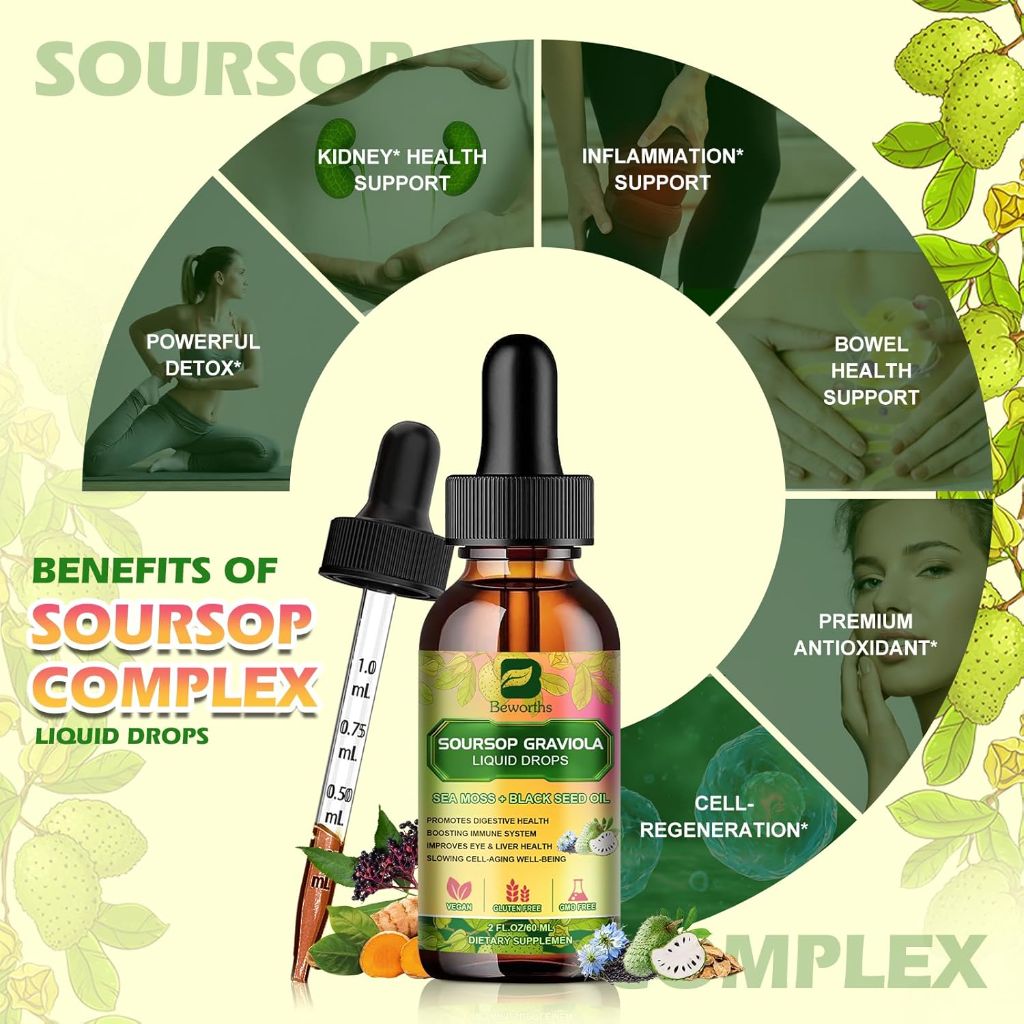Soursop Bitters Liquid Drops with Irish Sea Moss, Black Seed Oil, Soursop Graviola Leaves Extract | 2 f.l oz