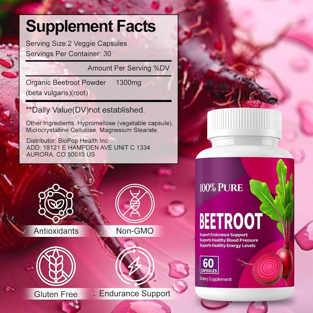 100% Pure Beet Root Powder 1300mg - 60 Capsules