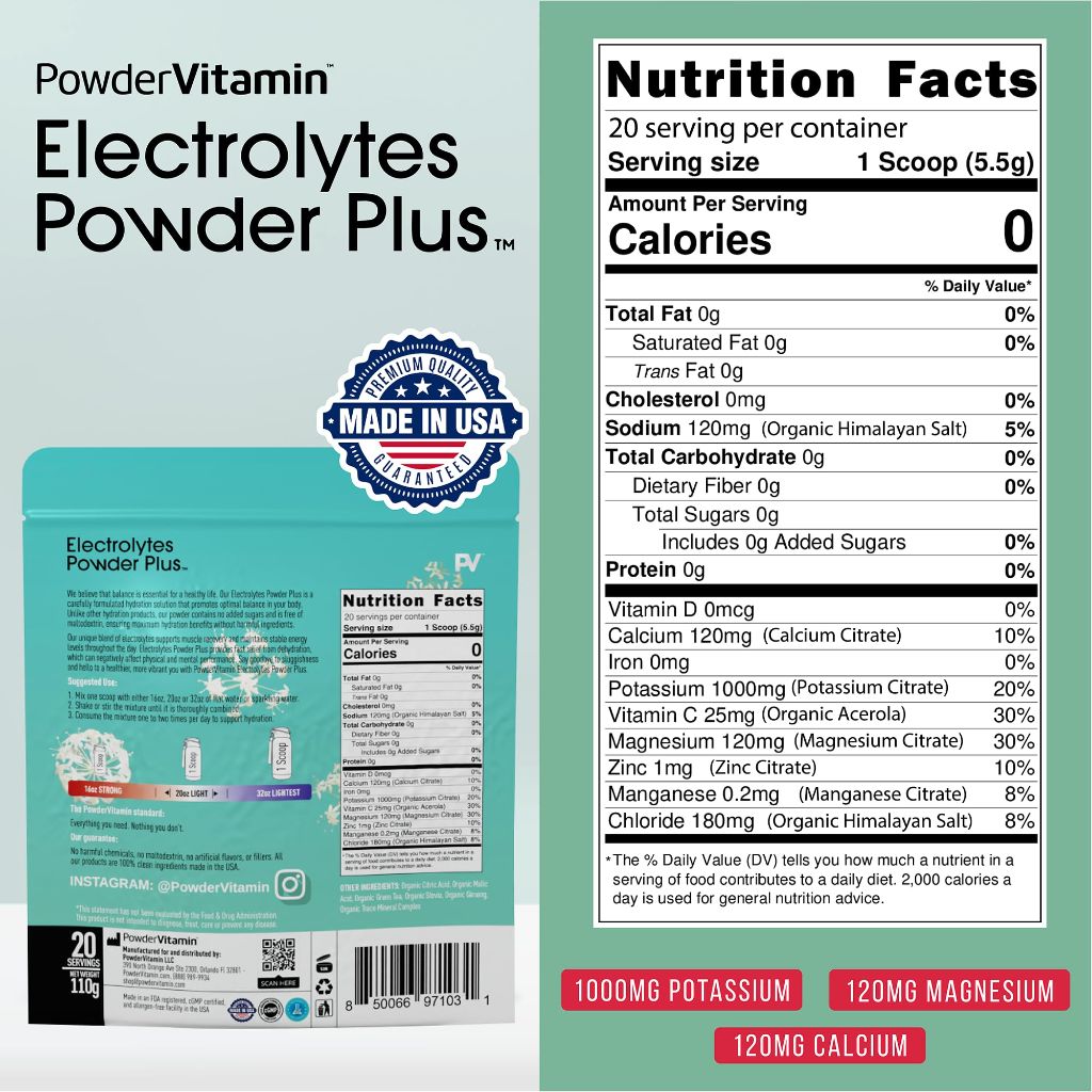 PowderVitamin Electrolytes Powder Plus, 110g, 20 Servings, Green Tea Ginseng