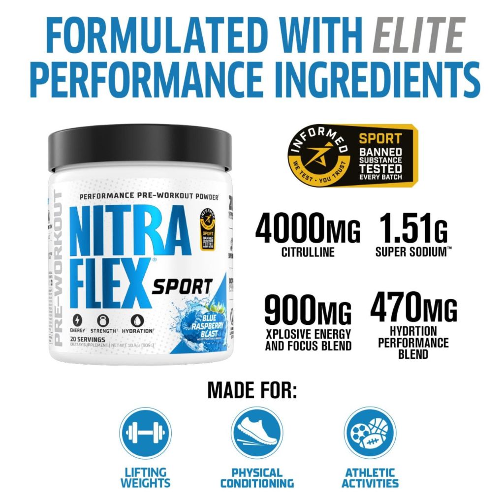 Nitraflex Sport Blue Raspberry Pre-Workout Powder, 20 Servings