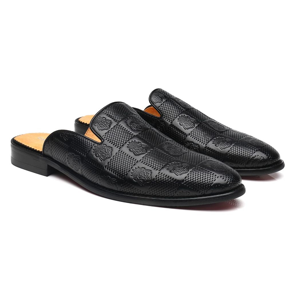 Erphpre Paul Mens Loafers Mules Backless Leather Embossed Slippers Slip on Shoes US 9.5 Black