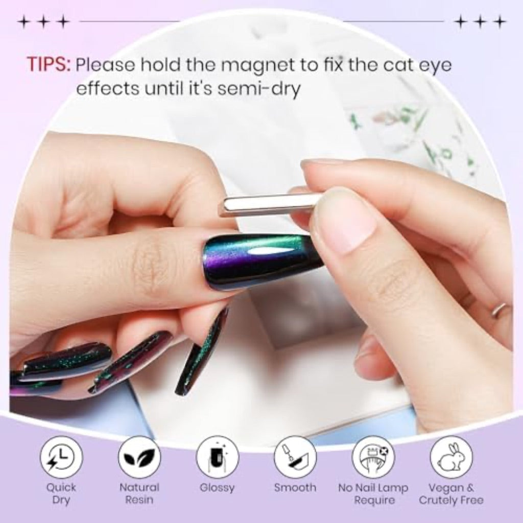 Magnetic Nail Polish Non Gel, 12 Colors Quick Dry Cat Eye Nail Polish Non Gel with Magntic for Fingernail Air Drying Fast Lacquer, Chip Resistant, Vegan, Fast Drying, Long Lasting