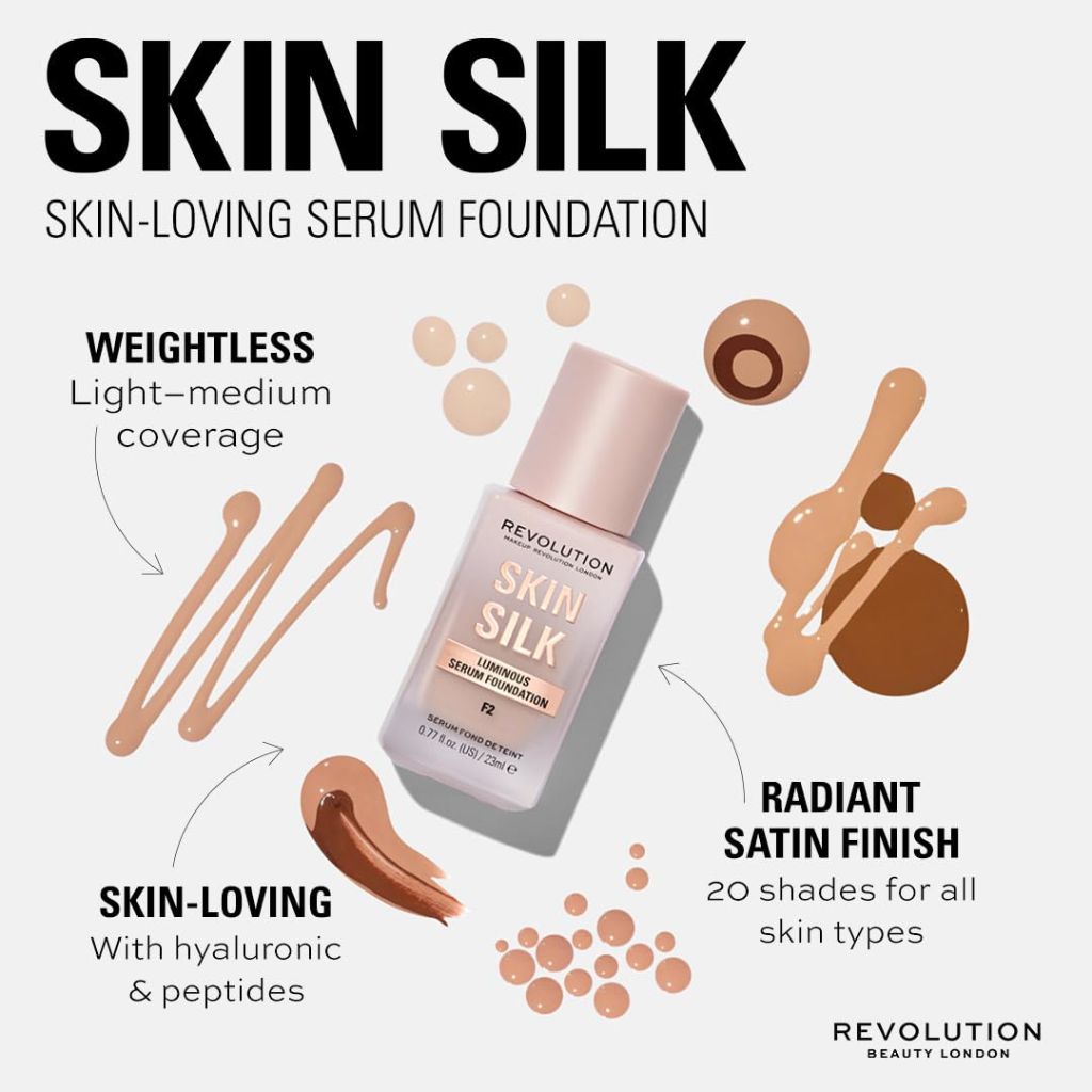 Revolution Skin Silk Radiant Satin Serum Foundation, F20NC Deep Skin Tones, 0.77 fl oz