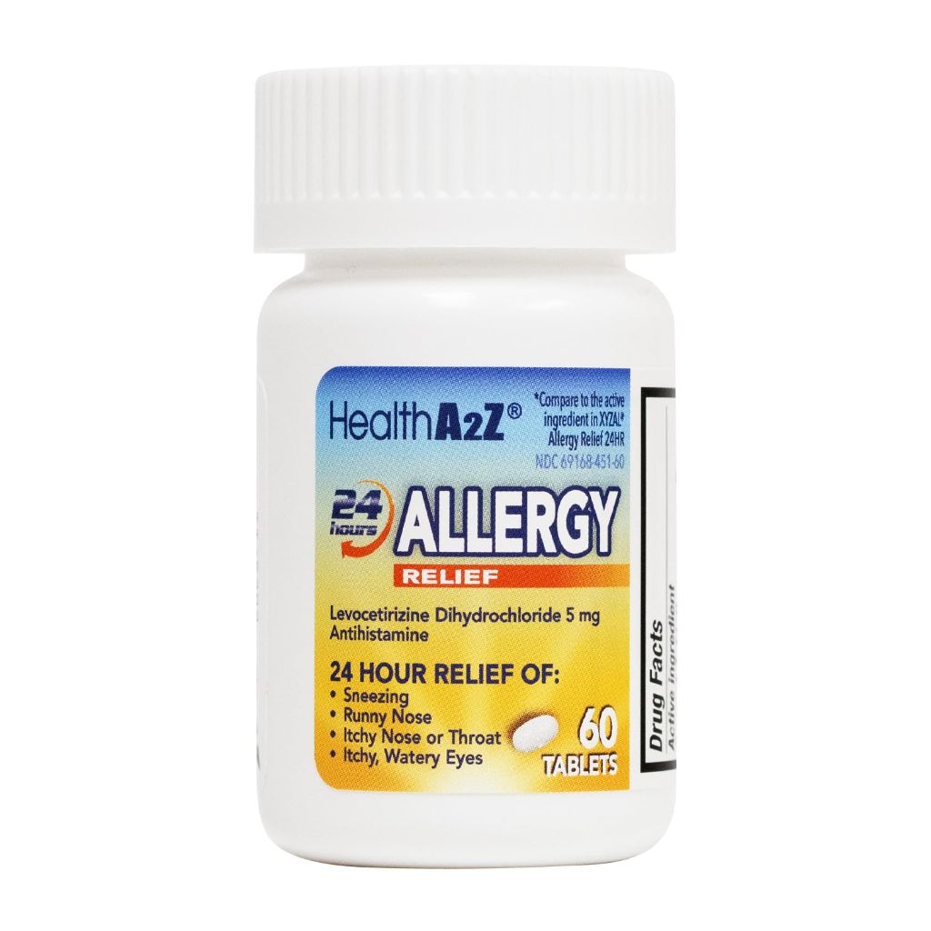 HealthA2Z® Allergy Relief, Levocetirizine Dihydrochloride 5mg, Dye Free Antihistamine, 24 Hours Relief from Sneezing, Runny Nose, Itchy Nose and Eyes (60 Counts)