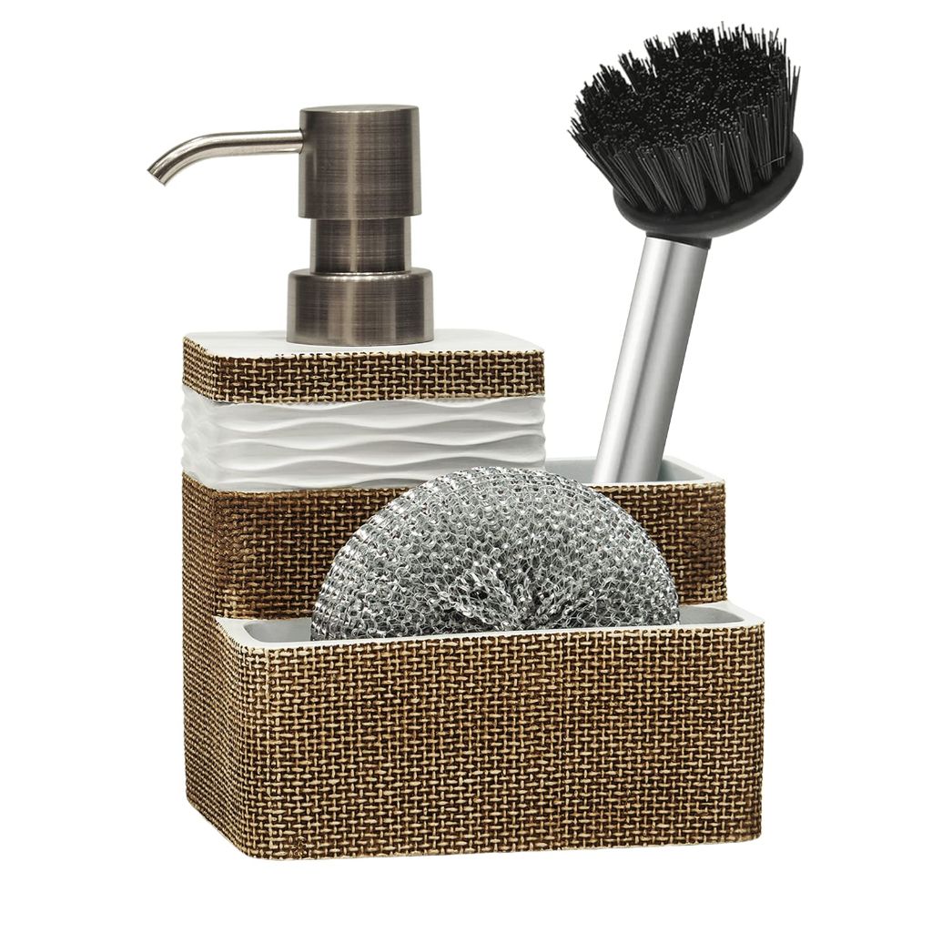 Suanti Kitchen Dish Soap Dispenser with Sponge Holder&Brush Holder for Sink Organize Eco-Friendly Resin Hand Soap Sponge Dispenser 3 in 1 Hold 11oz Liquid Dish Soap,Scrubber for Bathroom-Brown&White