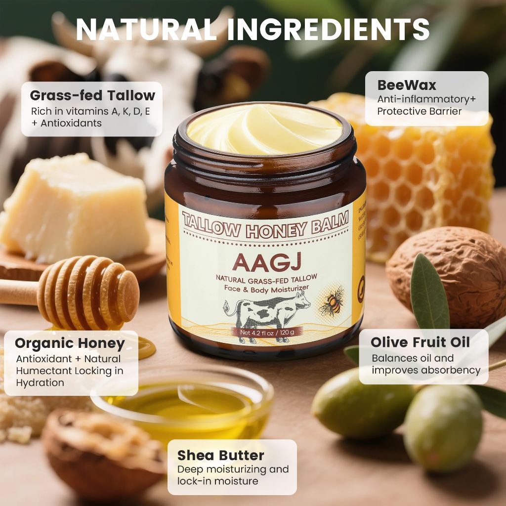 AAGJ Beef Tallow for Skin, 100% Organic Grass-Fed Beef Tallow Balm with Raw Honey - 4.2 Oz