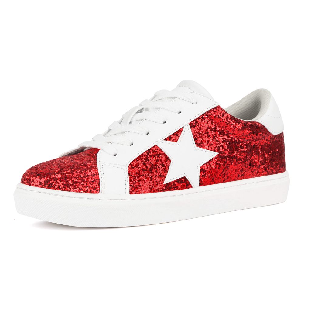 PARTY Women's Fashion Sneaker Lace Up Low Top Comfortable Cushioned Walking Shoes,Podcast,RED Glitter,9