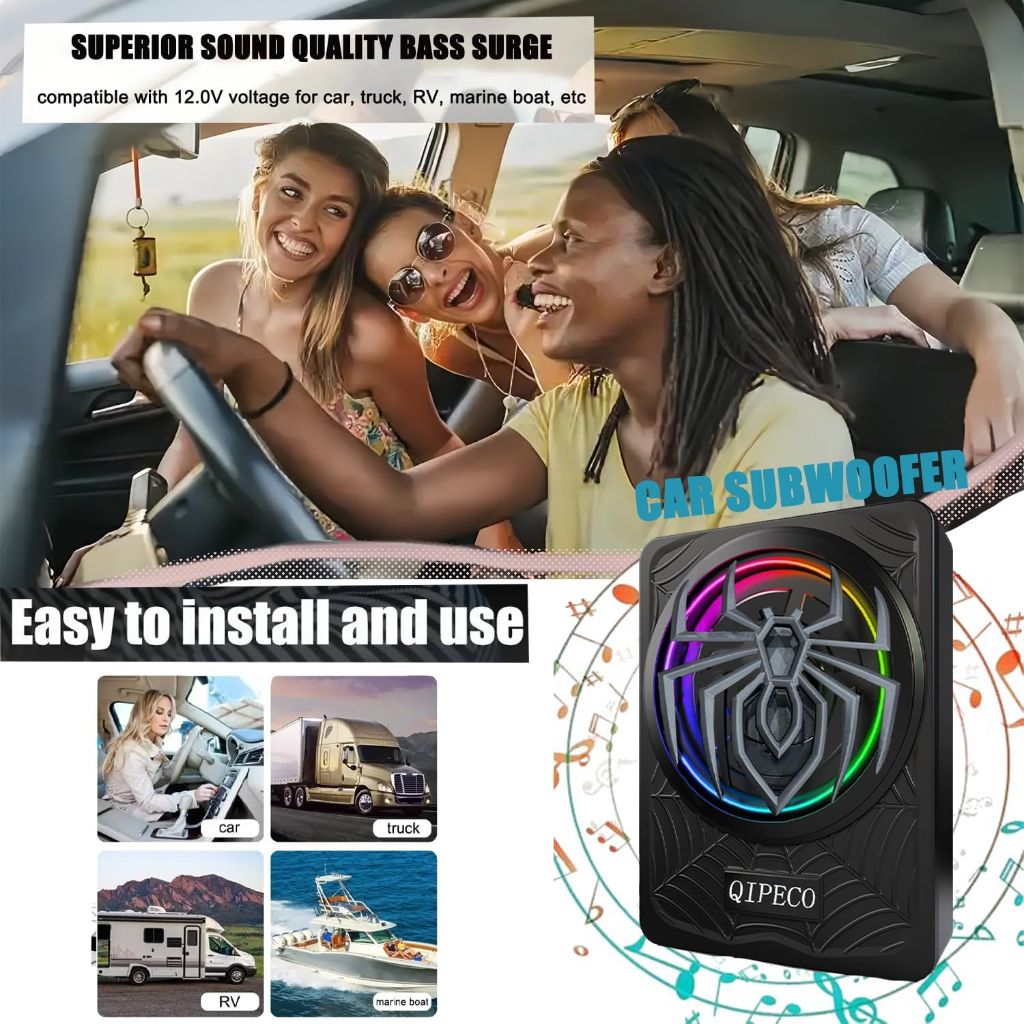 10" 1200W Slim Underseat Powered Car Subwoofer and Amp Package with RGB Beat-Synced Light, Built in Amp Individual Control for Low Pass/Gain/Boost Bass for Truck/SUV/Jeep/MPV