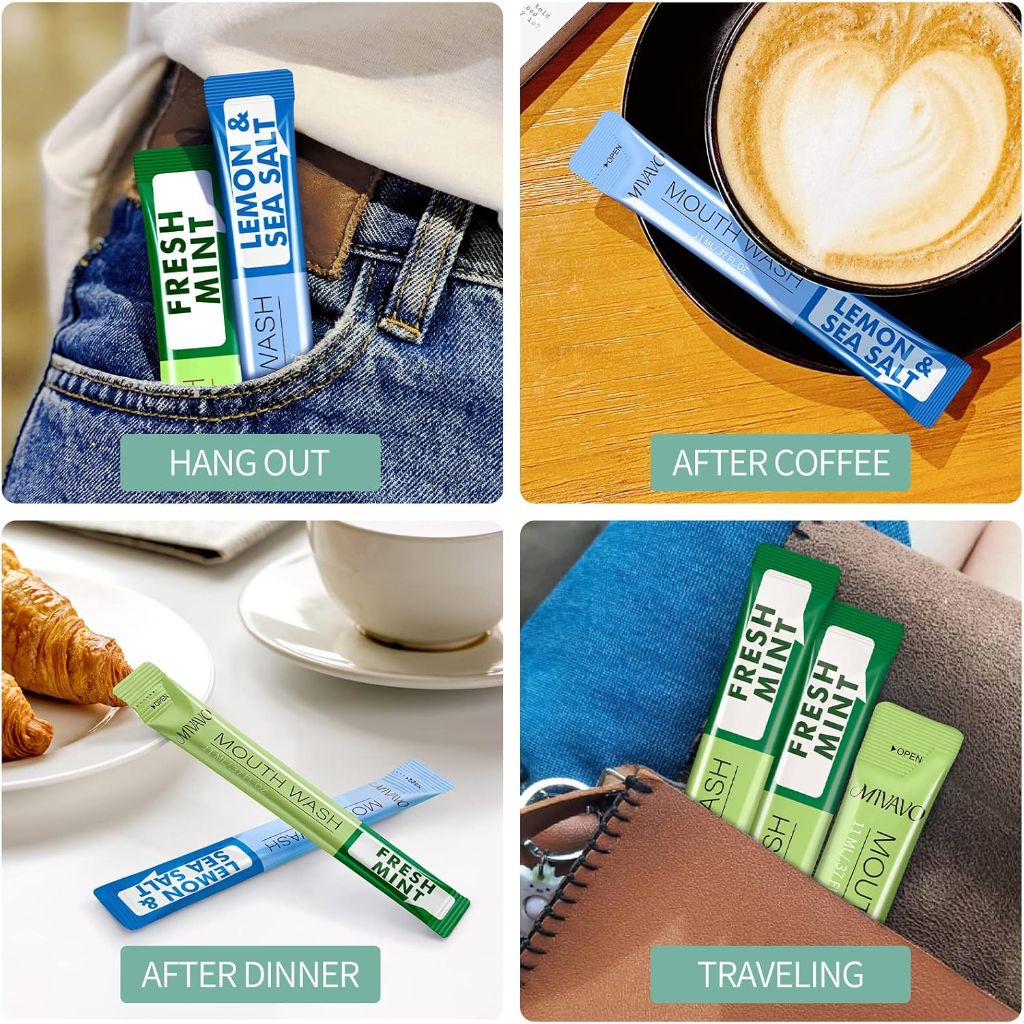 Mivavo Fresh Breath Mouthwash Travel Packets - Fresh Mint (20ct) and Lemon & Sea Salt (20ct), 40 Packets